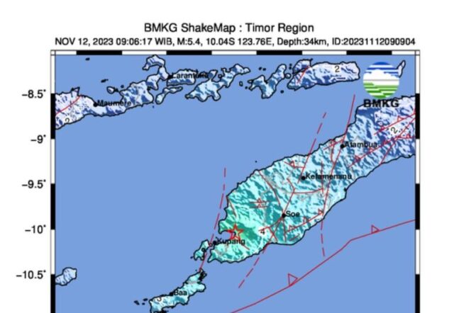 
 Kota Kupang Provinsi Nusa Tenggara Timur diguncang gemp magnitudo 5,4 pada Minggu (12/11). (ANTARA/HO-BMKG Kupang)